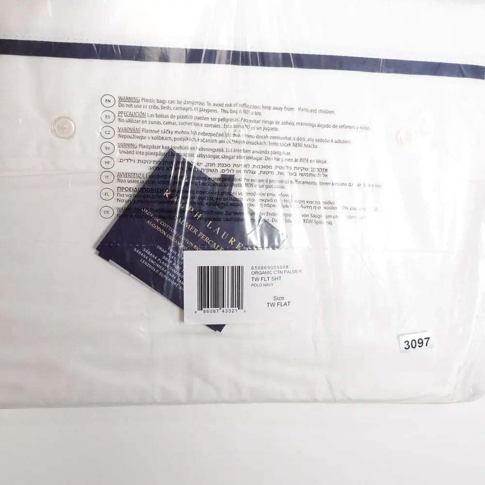 Ralph Lauren Organic Cotton Percale Palmer Twin Flat Sheet White/Polo Navy $125